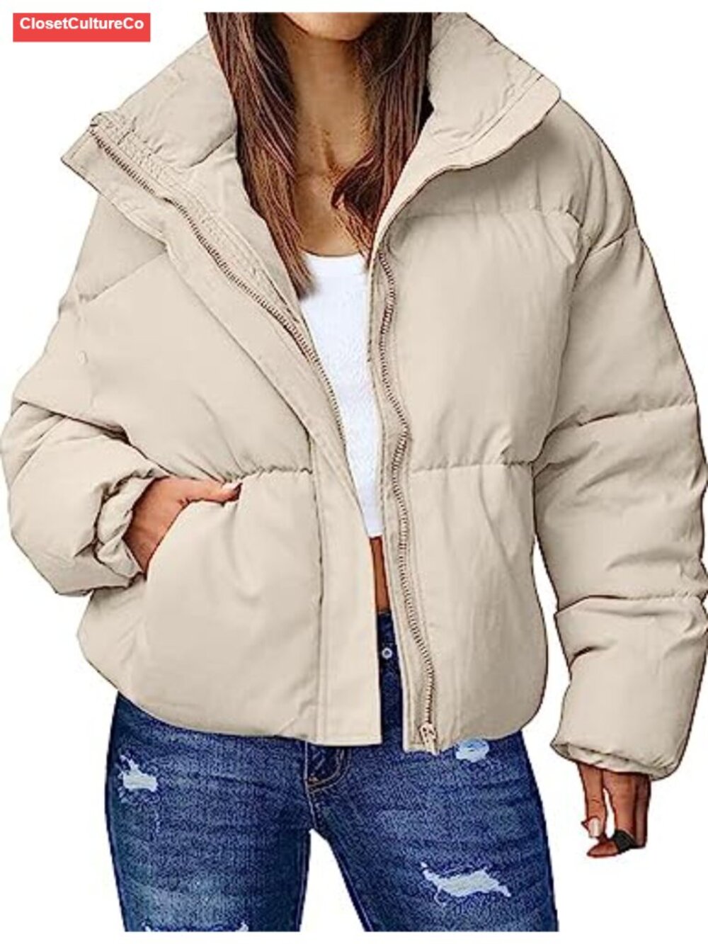 Women's Cropped Puffer Jacket Warm Zip Up Quilted Lightweight Coat